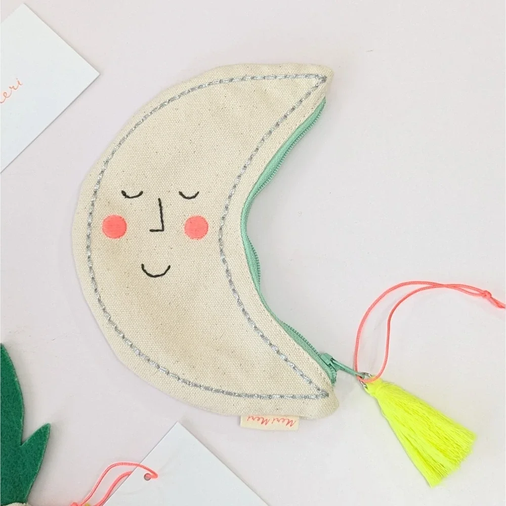 Meri Meri Coin Purse Lot Moon & Pineapple Shape Canvas Embroidered Zipper Pouch